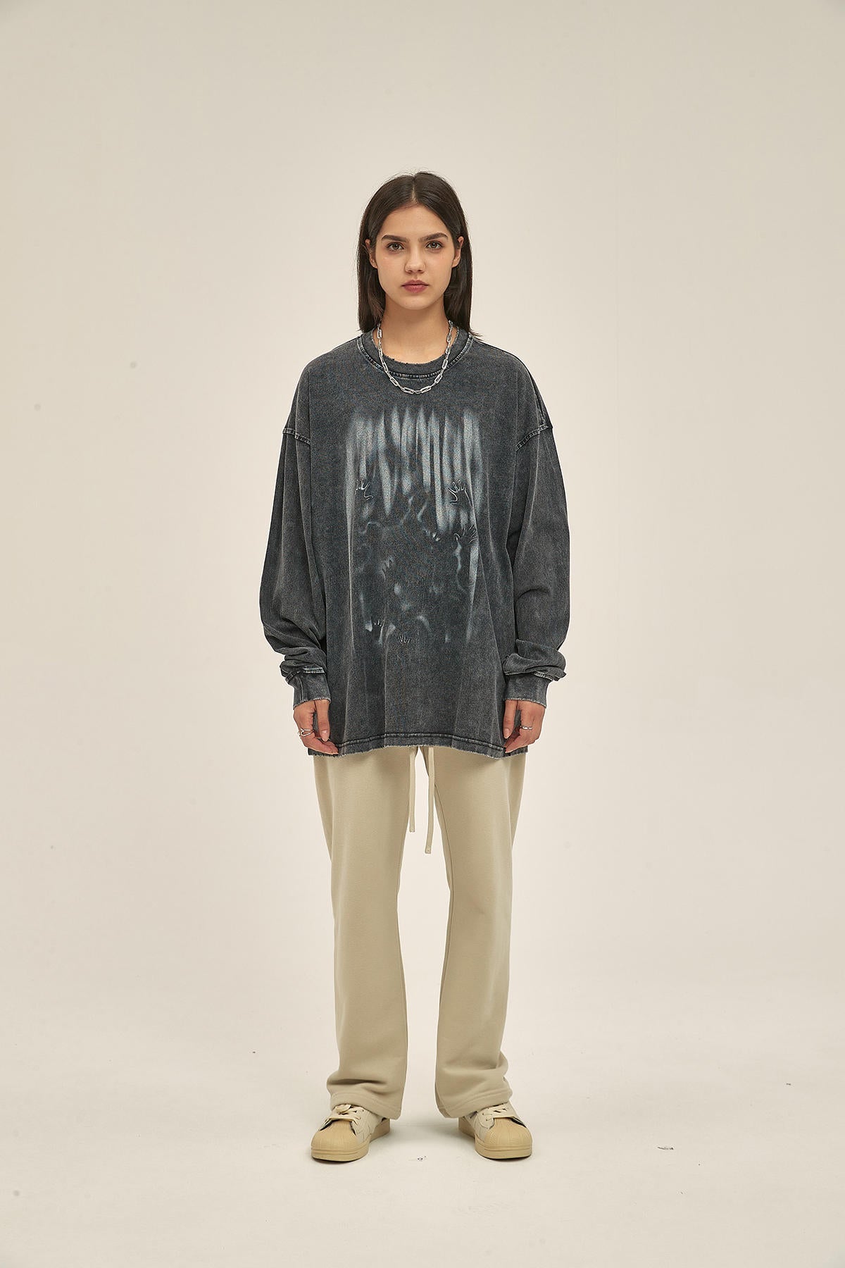 250G Washed Silhouette Print Women Long-Sleeved Sweatshirt