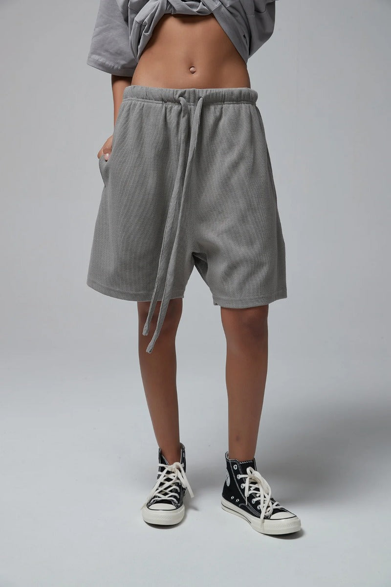 330G waffle Loose Drawstring Track Women Shorts