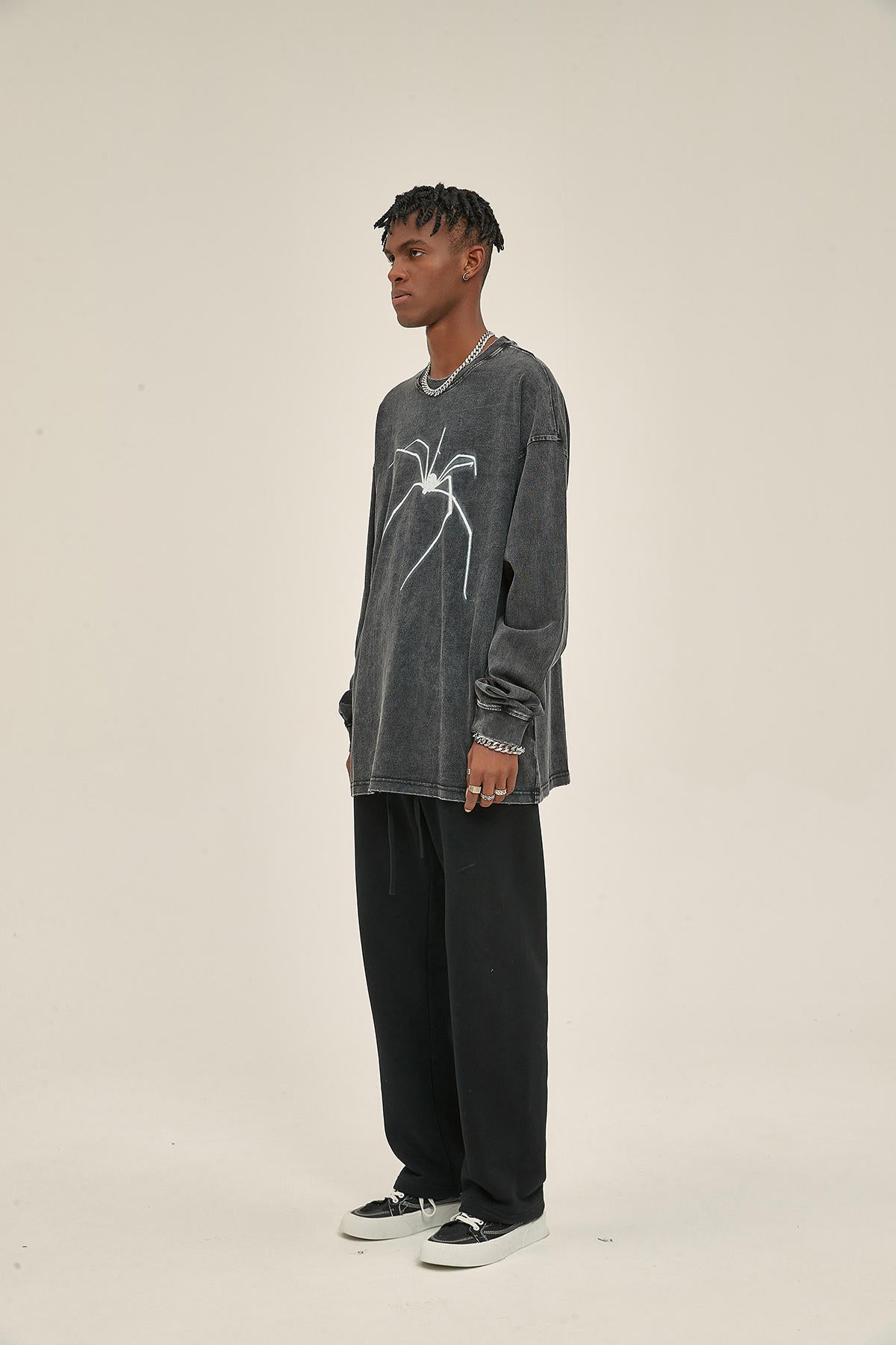 250G Washed Spider Print Men Long-Sleeved Sweatshirt