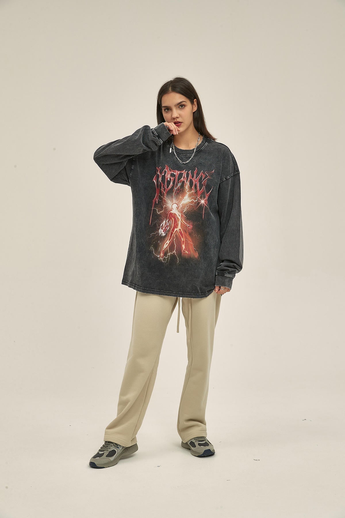 250G Washed Lightning Print Women Long Sleeve Sweatshirt
