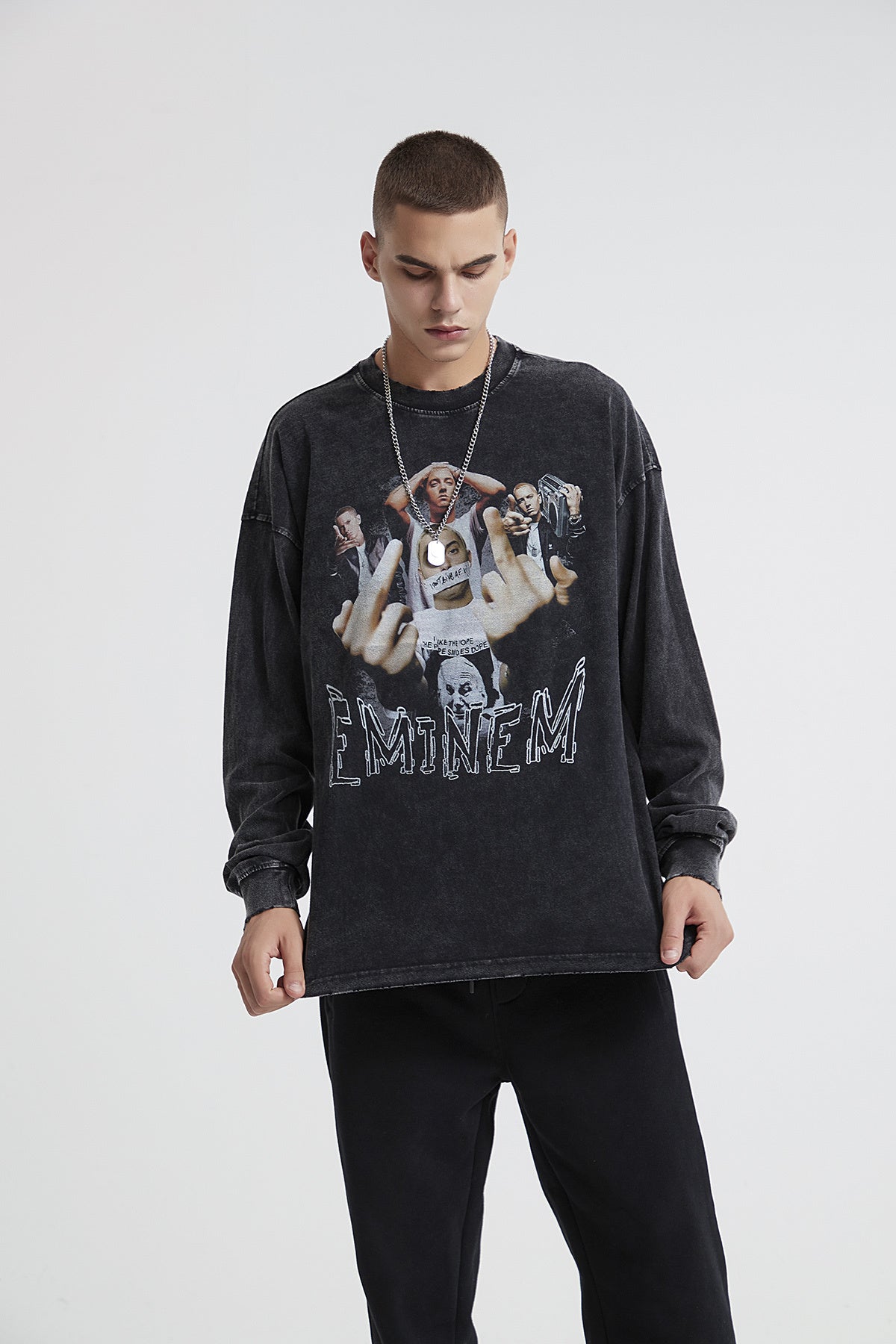 【SATIIIZ】Beto Revolt long sleeve T-shirt T-Shirt Mens Fashion Lion Gaze Black Long Sleeve Streetwear