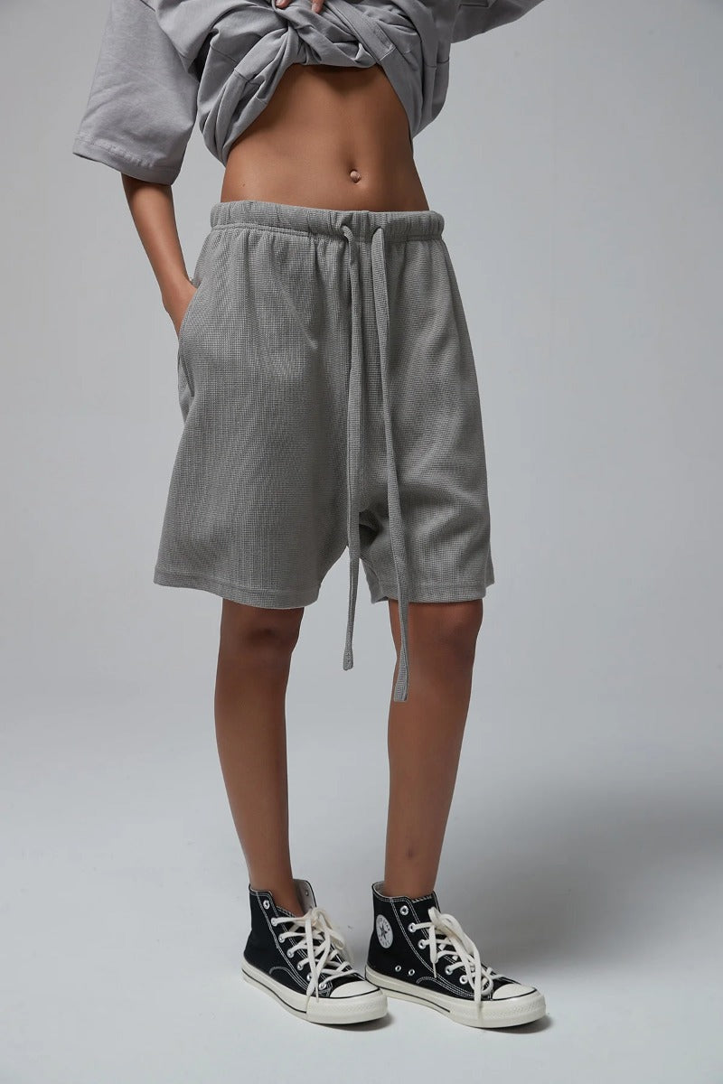 330G waffle Loose Drawstring Track Women Shorts