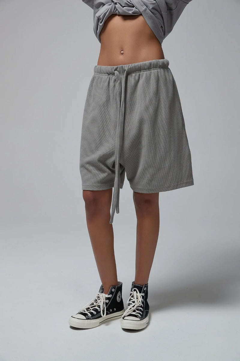 330G waffle Loose Drawstring Track Women Shorts