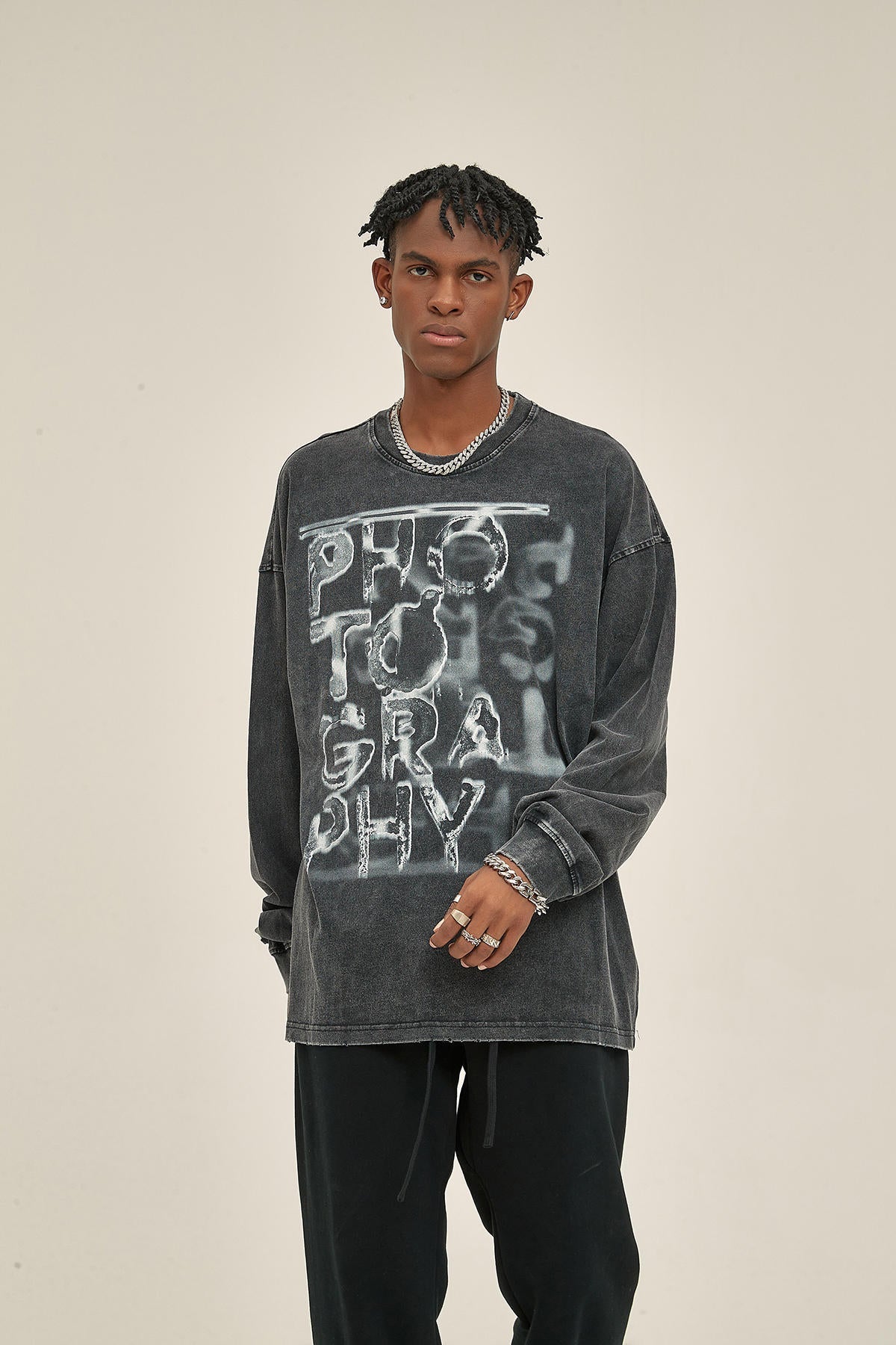 250G Retro Letter Print Men Long-Sleeved Sweatshirt